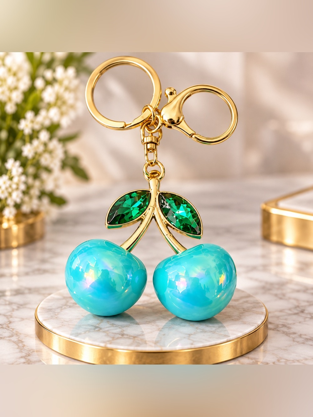 Turquoise Cherry Keychain & Purse Charm – Gold Tone - Emerald Jewels NIB